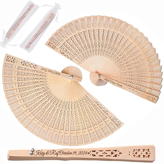 50 Pcs Wedding Fans Personalized Folding Hand Fans, Custom Sandalwood Handheld Fans Bulk Wooden Folding Fan, Vintage Hollow Carved Fans for Wedding Decoration Party Gifts Baby Shower (50Pcs)