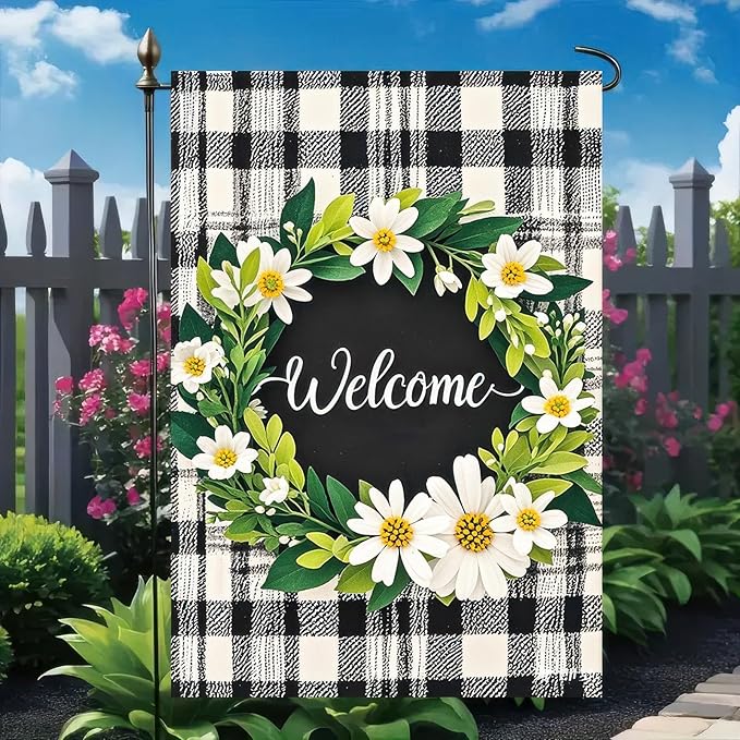 BlissYard Welcome Garden Flag 12x18 Double Sided Black and white Grid Seasonal Small Flags For Outside Outdoor Decor Yard Farmhouse Holiday Spring Summer Decorations Yard Flags