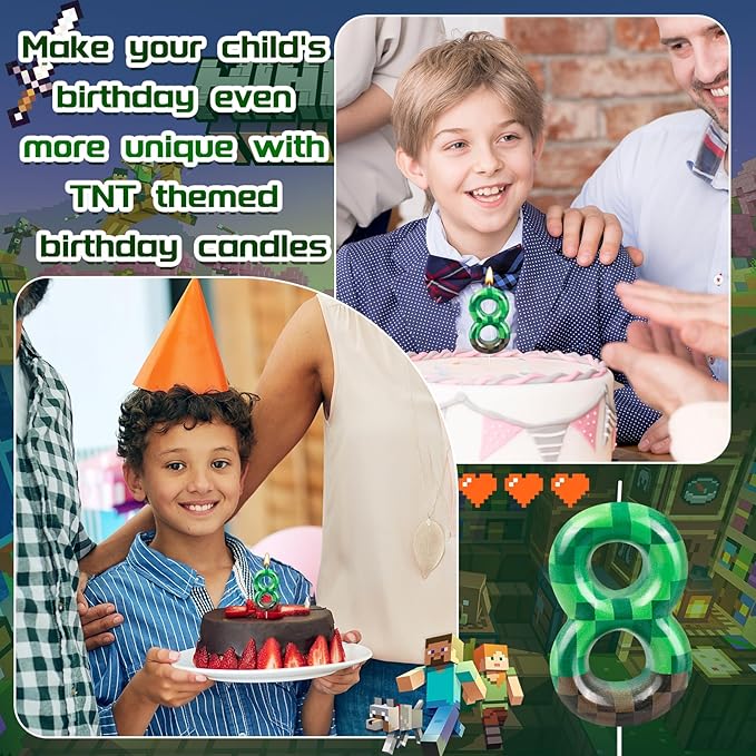 TNT Themed Birthday Cake Candle Number 8 Dynamite Themed Green Candle Birthday Party Decoration Cake Topper for Pixel Theme Birthday Party Anniversary Party Dynamite Party Video Game Party (Number 8)