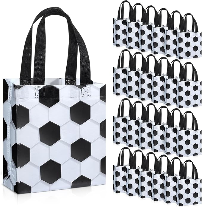 24 Pcs Sports Party Favor Bags Football Basketball Baseball Soccer Treat Goodie Gift Bag with Handles for Party Gift(Soccer)