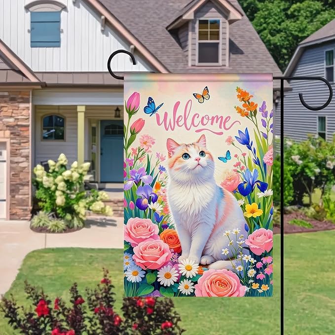 BlissYard Spring Garden Flag Spring Yard Flag Elegant Cat with Flowers and Butterflies Backdrop Design Double-Sided 12x18 Inches Welcome Yard Flag for Seasonal Outdoor Decor