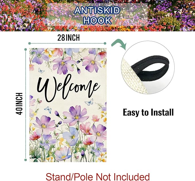 Baccessor Spring Summer Pansy Welcome House Flag 28 x 40 Inch Large Double Sided Burlap Butterflies Floral Flower Farmhouse Porch Flag Holiday Seasonal Outdoor Outside Decoration