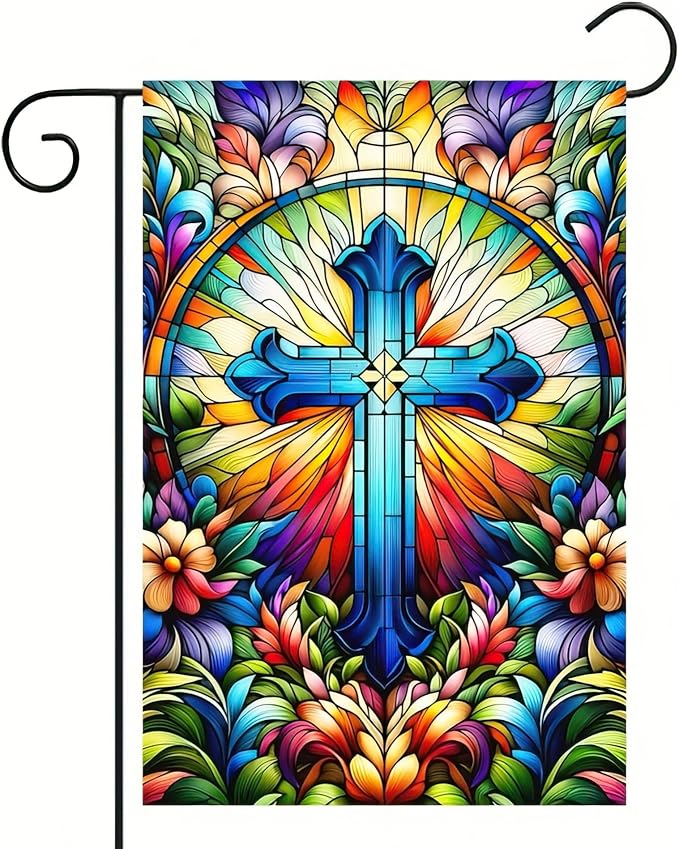 HOMETITUTE Welcome Garden Flag Spring Summer Christian Garden Flag Religious Faith Stained Glass Cross 12x18 Inch Double Sided Outdoor Yard Lawn Porch Decor