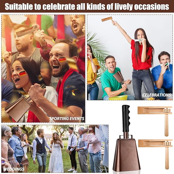 Nuanchu 10 Inch Cowbell Noise Makers for Sport Event Steel Cowbell with Handle and 2 Pcs Wooden Spinning Rattle Ratchet Matraca Cheer Bell Alarm for Football Game Musical Percussion Instruments(Brown)