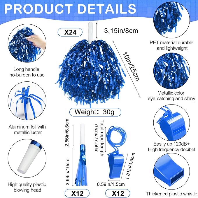 Yunsailing 96 Pcs Homecoming Noisemakers Team Spirit Accessories for Game Day Include Hand Clappers Cheerleading Pom Pom Thunder Stick Cheer Party Blower Plastic Whistle for Sport Fans(Blue)