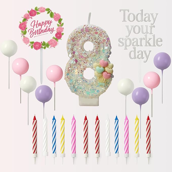 by Tugba Aydan - 8 Number Birthday Candles – 24 Piece Cake Decoration Kit with Number Candle – Party Supplies for Kids Eighth Birthday Celebration