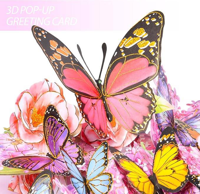 Joyvine 3D pop-up butterfly greeting cards, celebration cards, gratitude cards, rehabilitation greeting cards, suitable for Mother's Day, Father's Day, Thanksgiving, birthdays, anniversaries, with notes and envelopes (Pink Dancing Butterfly)