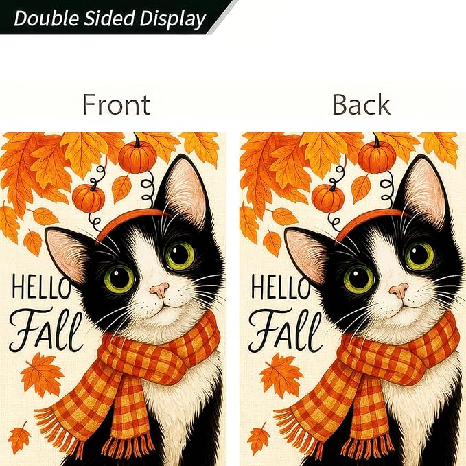 BlissYard Thanksgiving Fall Garden Flag 12x18 Inch Hello Fall Black Cat Flag Double Sided Outdoor Autumn Yard Banner with Pumpkins and Leaves for Porch Lawn Patio Seasonal Decor