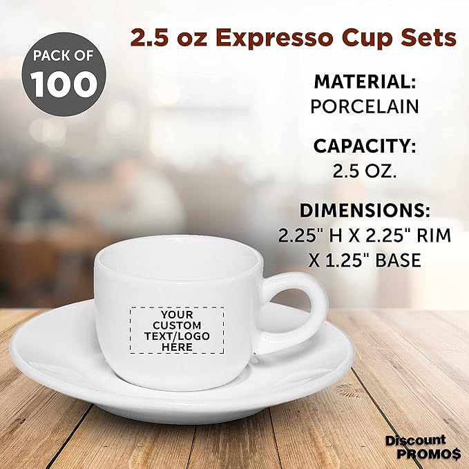 Custom Porcelain Espresso Cups with Saucer 2.5 oz. Set of 100, Personalized Bulk Pack - Perfect for Coffee, Tea, Espresso, Hot Cocoa, Other Beverages - White