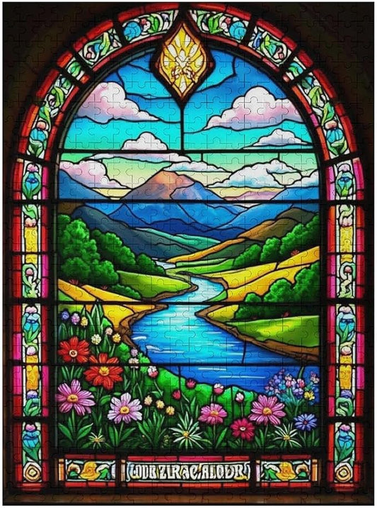 Wooden Jigsaw Puzzles - Stained Glass Window & View - 500 Piece Jigsaw Puzzle for Adults Teenagers and Kids Educational Family Game，Home Decor，Suitable for Puzzle Enthusiasts and Collectors