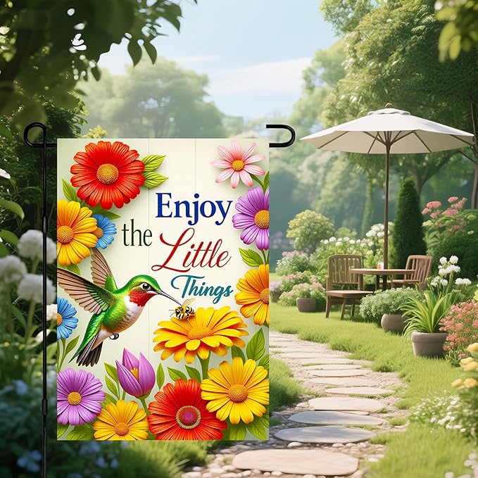 IVN Seasonal Garden Flag 12x18 Inch Double Sided Hummingbird Daisy Tulip Colorful Floral Enjoy the Little Things Outdoor Yard Flag for Outside Front Door Lawn Porch Patio Welcome Decor
