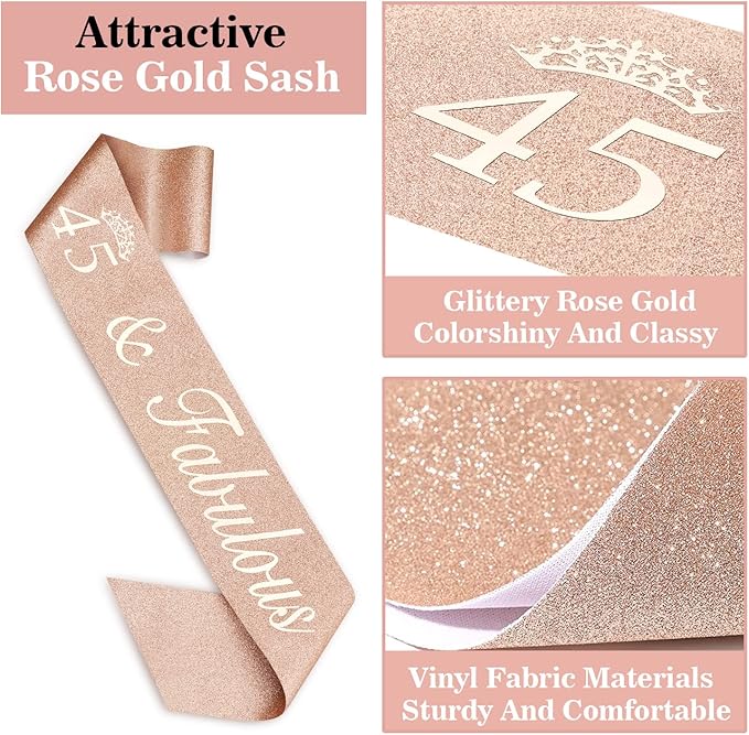 45 Birthday Decorations for Women Including Birthday Sash and Tiara, Cake Topper and Candles, 45 Year Old Gifts for Women, Rose Gold Party Decor Supplies