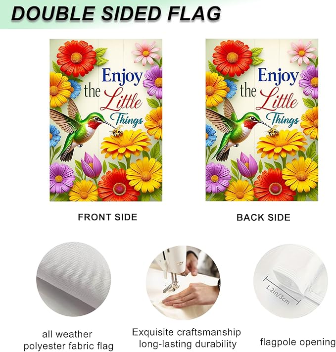 IVN Seasonal Garden Flag 12x18 Inch Double Sided Hummingbird Daisy Tulip Colorful Floral Enjoy the Little Things Outdoor Yard Flag for Outside Front Door Lawn Porch Patio Welcome Decor