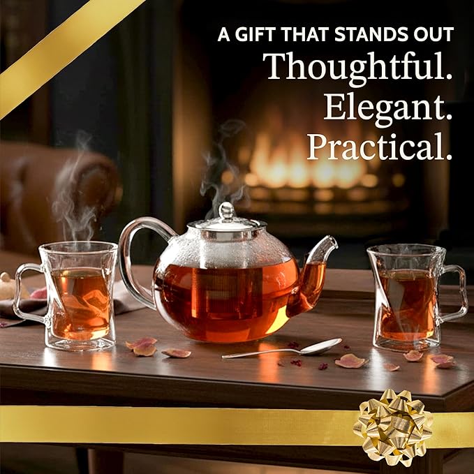 James Bentley Glass Coffee and Tea Set – Borosilicate Glass Teapot Set for Adults with 40oz Teapot & 4 Insulated Glasses, Stainless Steel Strainer for Bags and Loose Tea– Microwave, Dishwasher Safe
