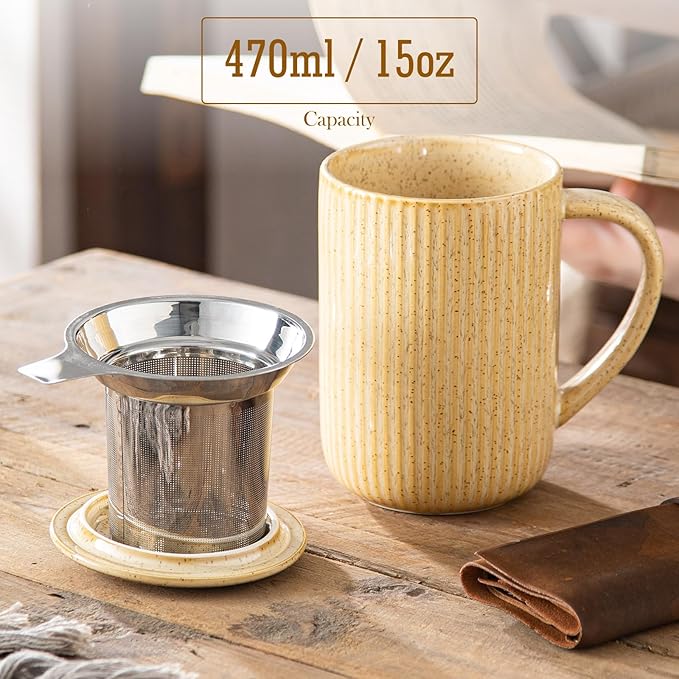 Yundu 15.5oz/470ml Flambe Cream Ceramics Teacups with Infuser and Lid, Loose Leaf Tea Cup
