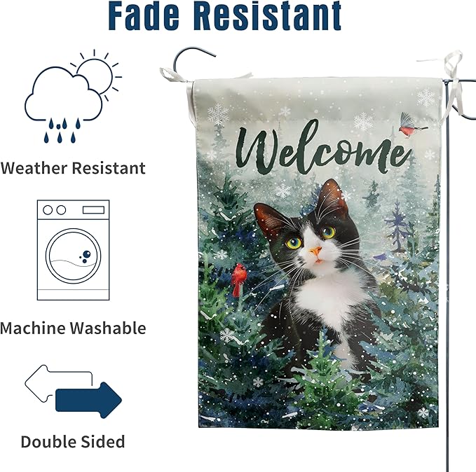 DZGlobal Welcome Winter Garden Flags Cat Garden Flag Cardinal Birds on Snowy Pine Tree Flag Tuxedo Cat Yard Flags for Outside 12x18 Double Sided Christmas Decorative Lawn Flags