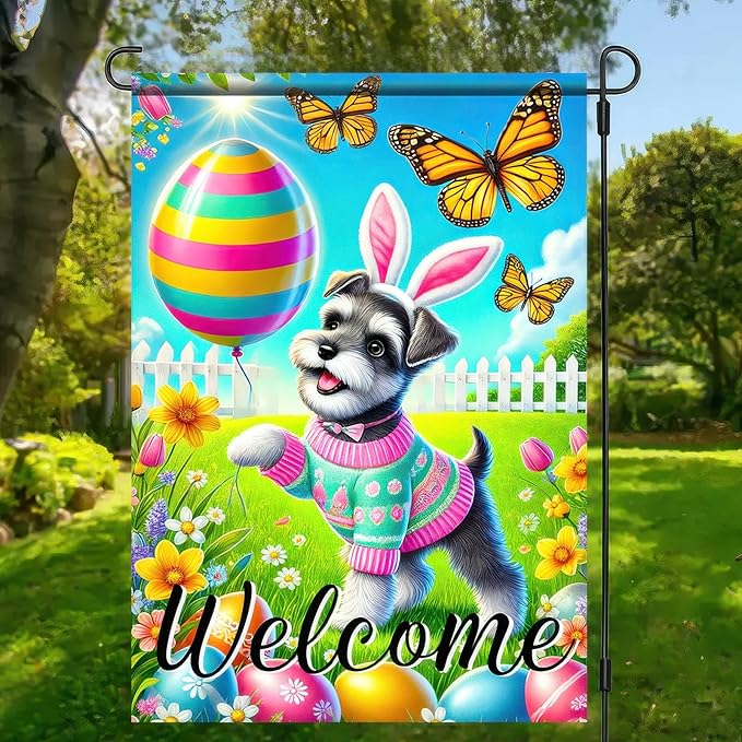 Blissyard Spring Summer Garden Flag Flower Dog Garden Flags For Outside Welcome Flags 12x18 Double Sided Yard Outdoor Decorative Egg Butterfly Garden Flag