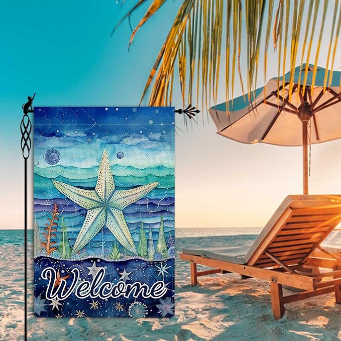 Jauageon Welcome Summer Starfish Garden Flag Ocean Sea Garden Flag Vertical Double Sided Rustic Farmland Burlap Yard Lawn Outdoor Decor 12.5x18"