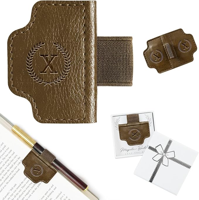 BygoneMark Magnetic Leather Bookmark with Pen Holder, Personalized Custom Initial Page Marker & Pen Clip, Professional Book Accessory for Students (Dark Brown-X)