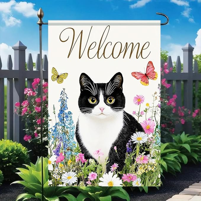 BlissYard Spring Welcome Black White Cat Garden Flag 12×18 Inch Double Sided Small Black Cat Flower Floral Garden Yard Flags for Spring Summer Outside Outdoor House Seasonal Decoration Flag