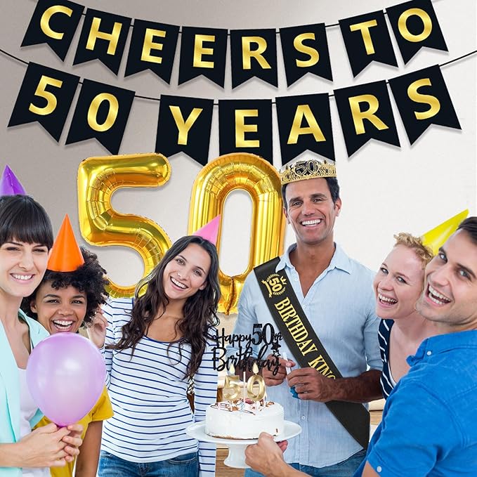 50th Birthday Gifts for Men, 50th Birthday Decorations for Men, Party Decor Supplies including King Crown & Sash & Banner & Balloons & Cake Topper & Candles