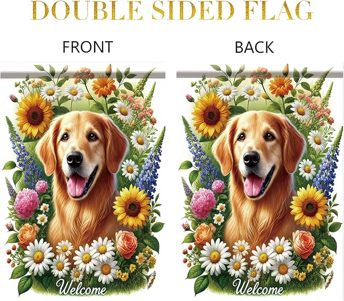 Starlit Patio Welcome Summer Spring Garden Flag 12 x 18 Double Sided Golden Retriever Dog Garden Flag Cute Puppy Small Daisy Flower Yard House Flags Outside Outdoor Summer Porch Lawn Decoration