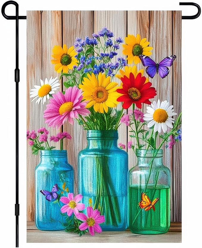 BlissYard Welcome Spring Garden Flag Double Sided 12x18 Inch Spring Summer Garden Flags Wildflowers In Mason jars Spring Garden Flag Seasonal Rustic Yard Lawn Holiday Outdoor Decor Banner（Only Flag）
