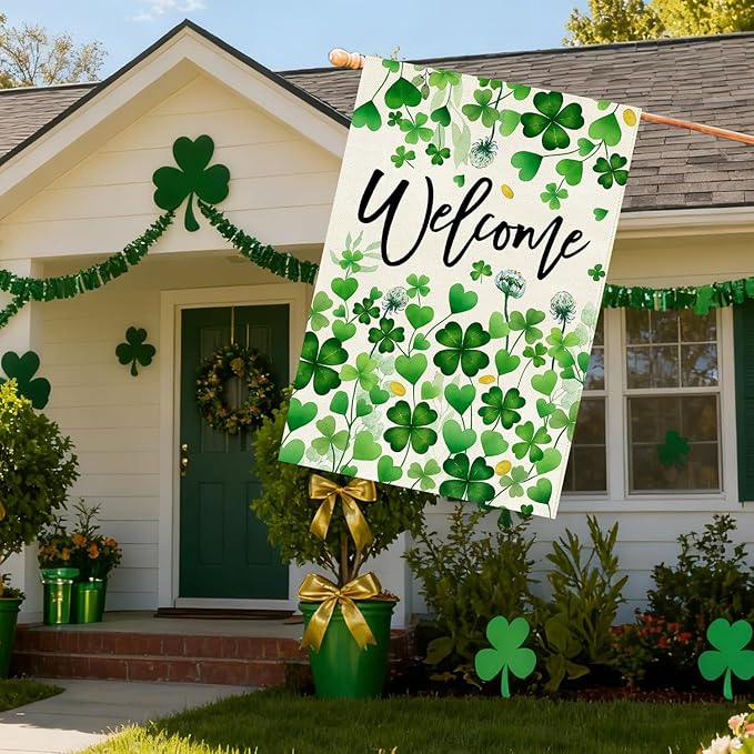 Baccessor St.Patrick's Day Welcome House Flag 28x40 Inch Double Sided,Green Lucky Shamrock Clover Large Garden Flag Holiday Porch Patio Farmhouse Outdoor Outside Decoration