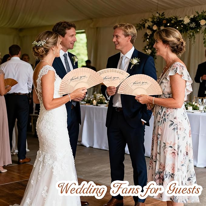 50 Pcs Wedding Fans Engraved Wooden Folding Hand Fans with Organza Bags, Wedding Party Favors for Guests, Bridal Shower & Summer Outdoor Ceremony (Style7,50)