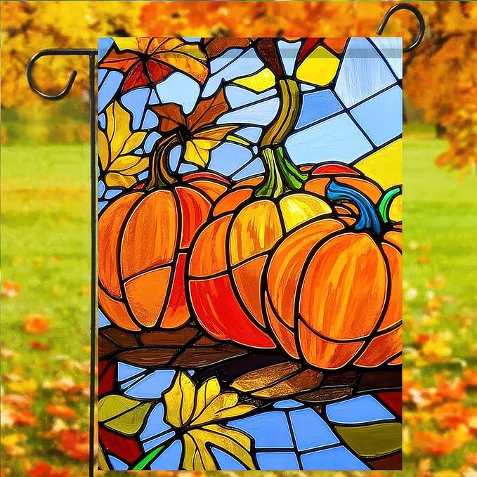 BlissYard Thanksgiving Fall Garden Flag 12x18 Inch Welcome Stained Glass Pumpkin Flag Double Sided Autumn Yard Banner Leaves Harvest for Porch Lawn Patio Seasonal Decor