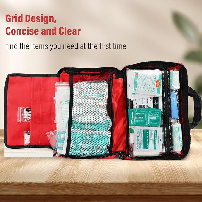 380 Pieces Deluxe First Aid Kit Compact Trauma Medical Kits with Assorted Bandages, Instant Cold Pack, Emergency Blanket for Home, Travel, Camping, Vehicle, Emergency Kits(Red)