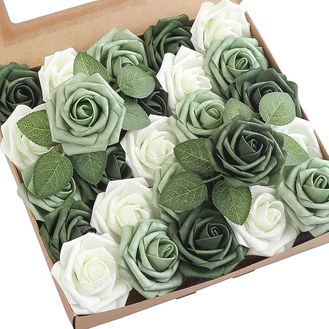 Floroom Artificial Flowers 25pcs Real Looking Sage Green & Emerald Green Foam Fake Roses with Stems for DIY Wedding Bouquets Bridal Shower Centerpieces Floral Arrangements Party Tables Decorations