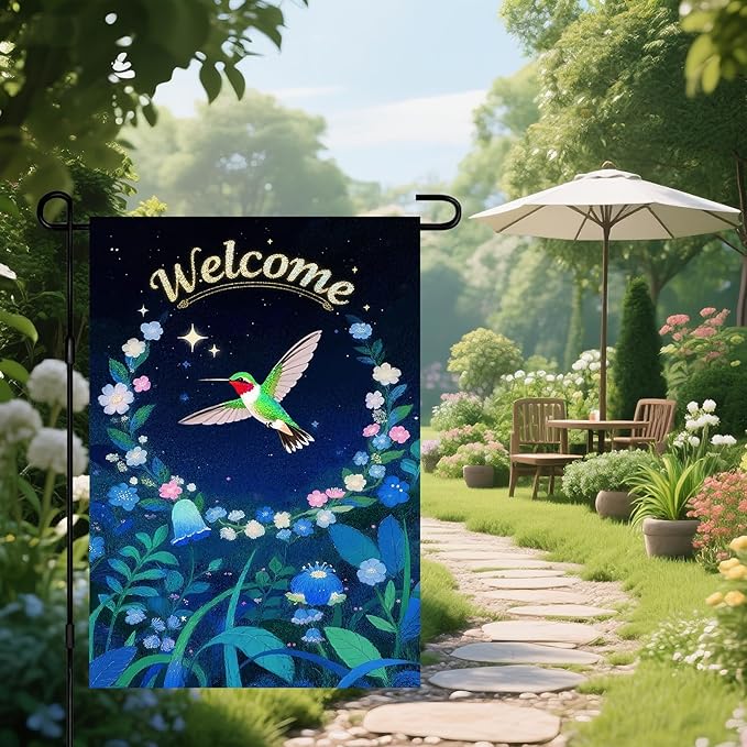 IVN Spring Garden Flag 12x18 Inch Spring Hummingbird Welcome Flag Double Sided Outdoor Yard Banner for Porch Lawn Patio Decor