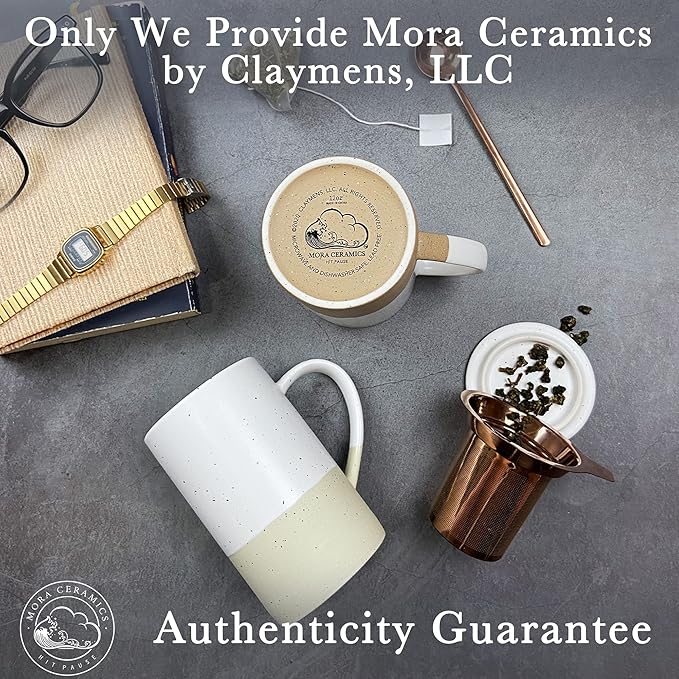 Mora Ceramics Tea Cup with Loose Leaf Infuser, Spoon and Lid, 12 oz, Microwave and Dishwasher Safe Coffee Mug - Rustic Matte Ceramic Glaze, Modern Herbal Tea Strainer - Great Gift for Women, Limestone