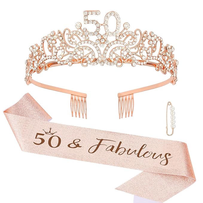 Semato Rose Gold 50th Birthday Tiara & Sash Set for Women - Rhinestone Crown & Glitter Sash - Party Supplies & Favors