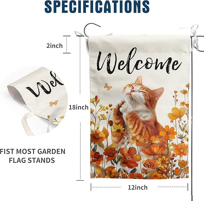DZGlobal Floral Cat Garden Flag Fall Yard Flag Wildflower Orange Cat Garden Flags for Outside Autumn Lawn Flags Welcome Thanksgiving Outdoor Flags 12x18 Double Sided Small