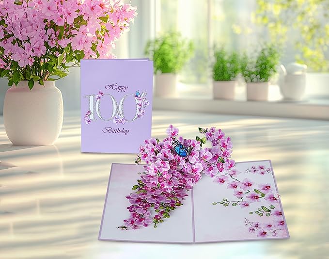 Orchid Happy 100th Birthday Card, 3D Birthday Cards for Women, 6x8in Pop Up Gifts for Mom, Wife, Him, Her, Daughter, Sister, Grandma(100th BD 6x8)