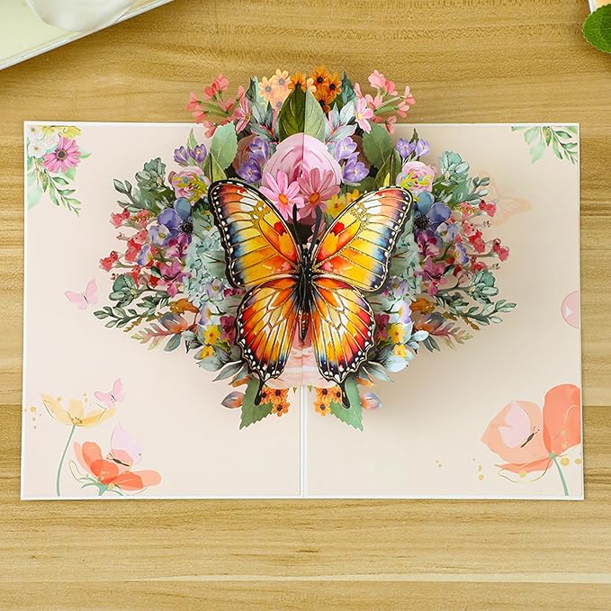 Beautiful Butterfly resting on pink roses pop up birthday card. A beautiful gift for women who love butterflies and roses for Mother's Day, Thanksgiving, Women's Day, Wedding Anniversary,with envelope.