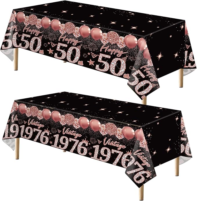 2pcs 50th Birthday Tablecloth, Black Rose Gold 50th Birthday Decorations for Woman Vintage 1976 Table Cloth Plastic Rectangular Table Cover Happy 50 Anniversary Party Supplies