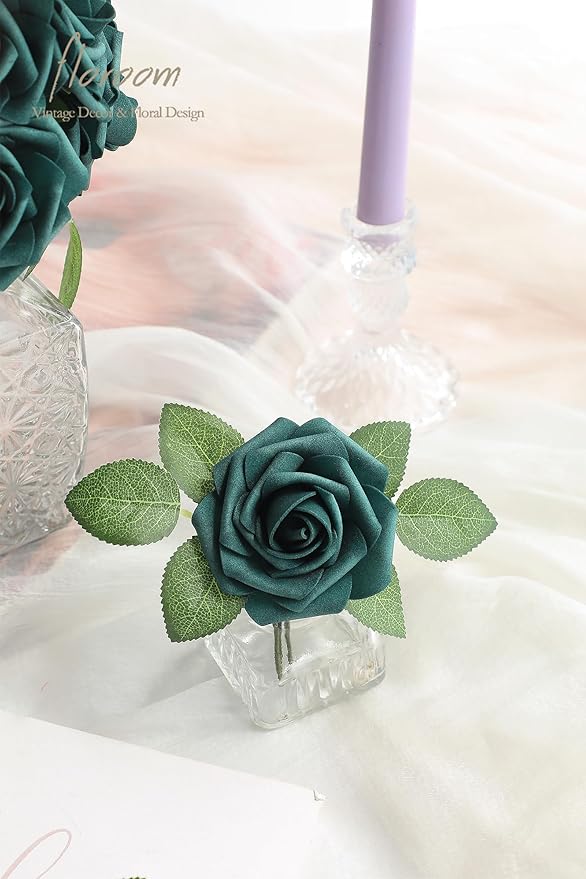 Floroom Artificial Flowers 25pcs Real Looking Peacock Green Foam Fake Roses with Stems for DIY Wedding Bouquets Bridal Shower Centerpieces Floral Arrangements Party Tables Home Decorations