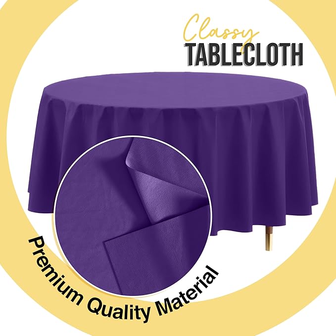 Exquisite 66% Thicker Premium Purple Round Tablecloth 0.5 Mil 6 Pack Plastic Table Cloth Disposable 84 Inch Round Plastic Tablecloth Won't Tear Easily Like Cheap Thin Brands