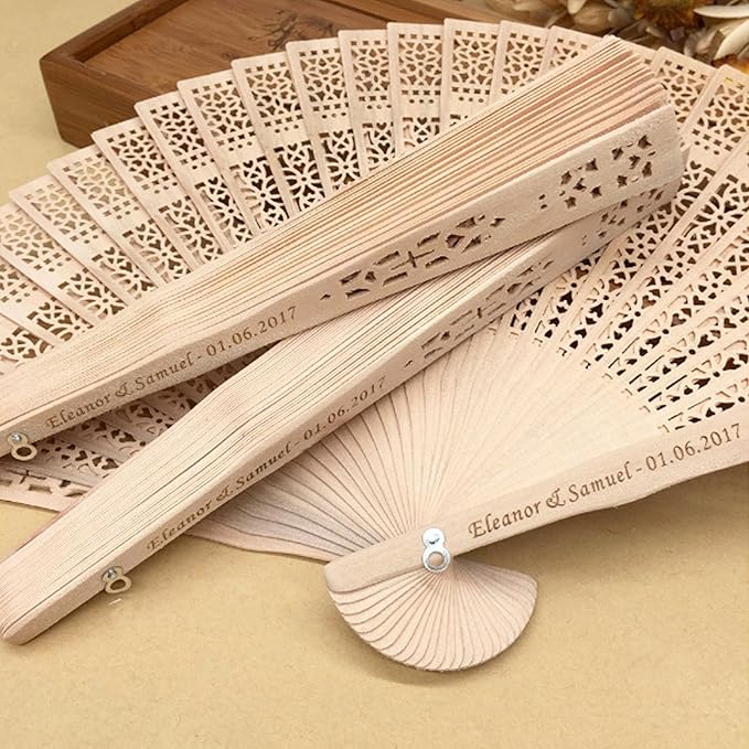 10 Pcs Wedding Fans Personalized Folding Hand Fans, Custom Sandalwood Handheld Fans Bulk Wooden Folding Fan, Vintage Hollow Carved Fans for Wedding Decoration Party Gifts Baby Shower (10 Pcs)