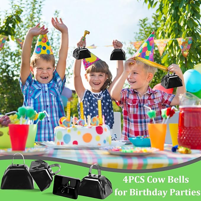 Metal Cow Bell Noise Maker - 3 Inch Pack of 4 - Small Loud Metal Cowbell Noisemaker with Handle - Great for Football Games, Sporting Events, Weddings, New Year's Eve, Birthday Parties