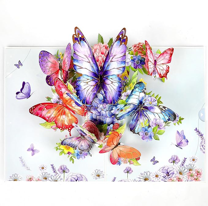 DERAYEE 3D Butterfly Flowers Greeting Card with Envelope for Women, Mother's Day, Birthday, Valentine's Day (Purple)