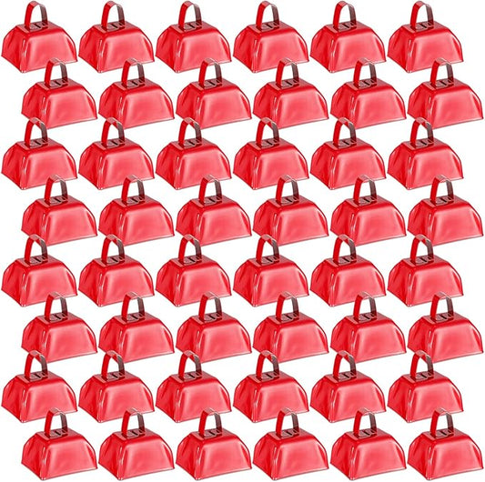 Yeshone 48 Pcs Metal Cowbells with Handles Loud Noise Makers Small Hand Percussion Cowbells for Football Events, Wedding, Graduation Team Cheering(Red)