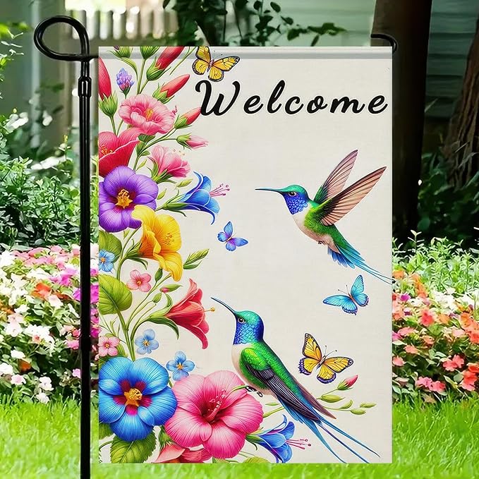 BlissYard Hummingbird Floral Welcome Garden Flag 12x18 Inch Double Sided Spring Summer Hummingbird Yard Flag Yard Outdoor Flag Small Outside Decoration