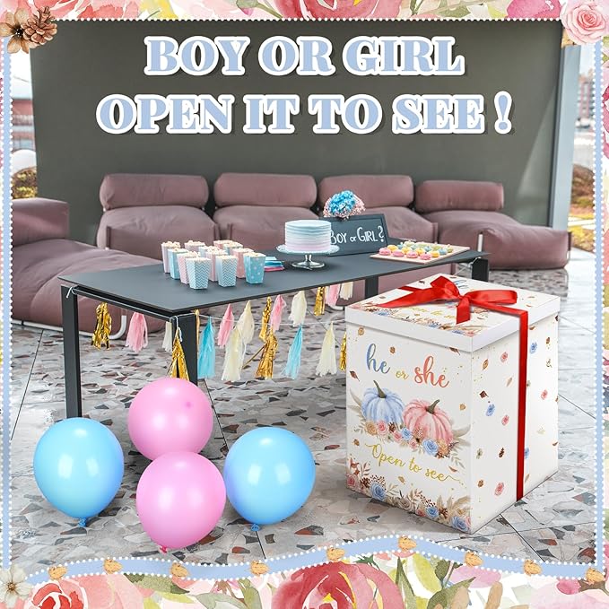 Hungdao Gender Reveal Balloon Box with Ribbon and 10 Pink and Blue Balloons Gender Reveal Games He or She Open to See for Party Decoration 12"x12"x16"(Fall Pumpkin)
