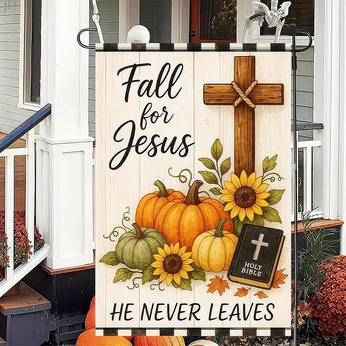 BlissYard Fall for Jesus Garden Flag 12x18 inch Double Sided Christian Autumn Yard Banner with Pumpkins Flags Sunflowers Cross Bible Verse Religious Outdoor Flag for Fall Thanksgiving