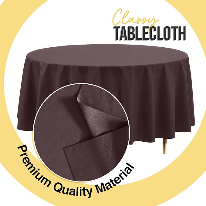 Exquisite 66% Thicker Premium Brown Round Tablecloth 0.5 Mil 12 Pack Plastic Table Cloth Disposable 84 Inch Round Plastic Tablecloth Won't Tear Easily Like Cheap Thin Brands