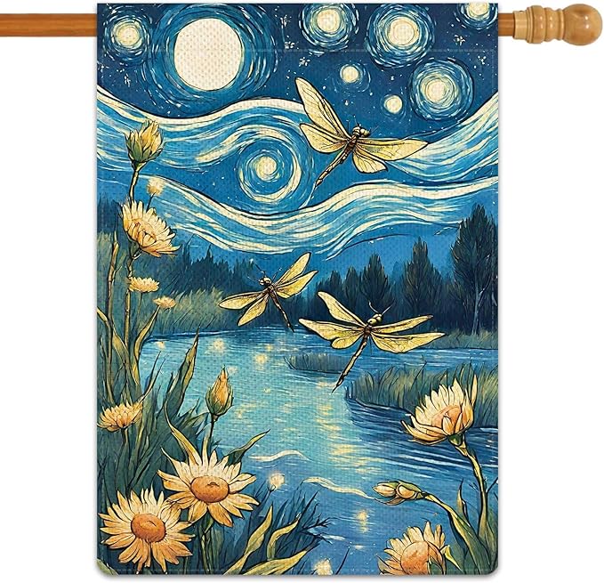 Welcome Summer Dragonfly Garden Flag Starry Night Garden Flag Small Flowers Vertical Double Sided Rustic Farmland Burlap Yard Lawn Outdoor Decor 28x40"